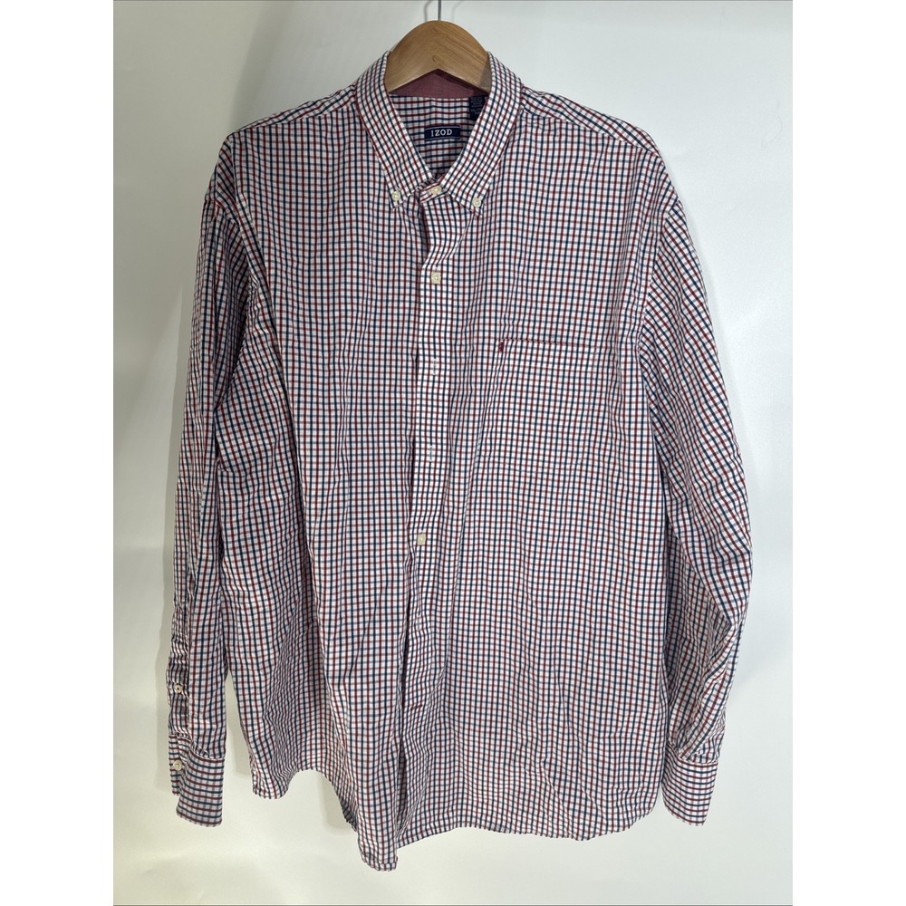 IZOD XXL Long Sleeve Button Down Shirt Red White Blue Tattersall Check‎ Cotton